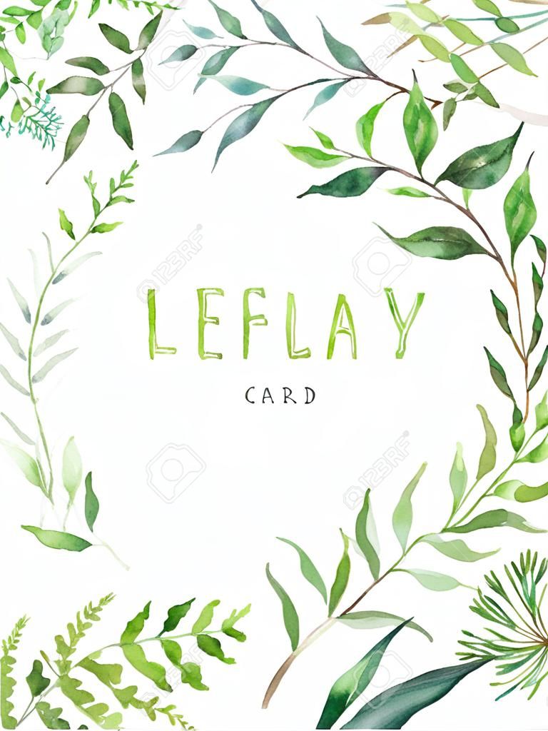 水彩ハーブミックスベクターフレーム。白い背景に植物、枝や葉を描いた手描き。ナチュラルリーフカードデザイン