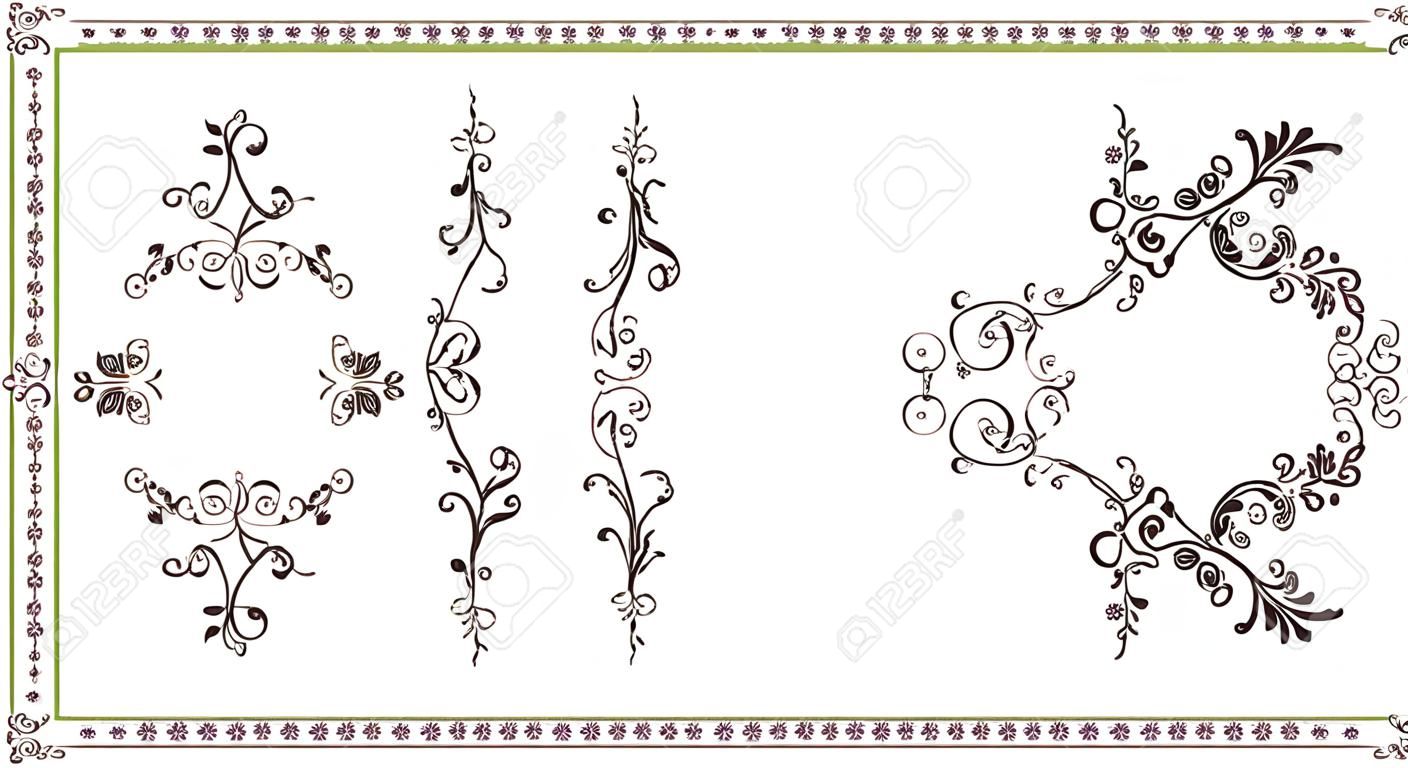 Kalligrafische bloemlijst en paginahoeken set. Vector illustratie. Vector van decoratief verticaal element, rand en frame.