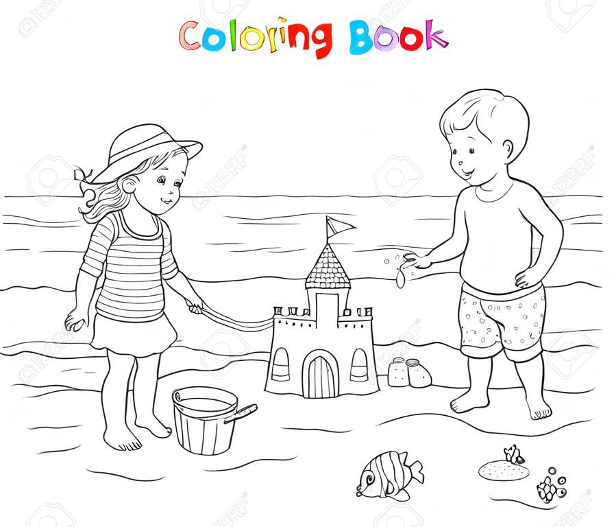 Livre ou page de coloriage. Une fille et un garçon jouent sur la plage près de la mer. Le garçon construit un château de sable. La fille joue avec un seau et du sable.