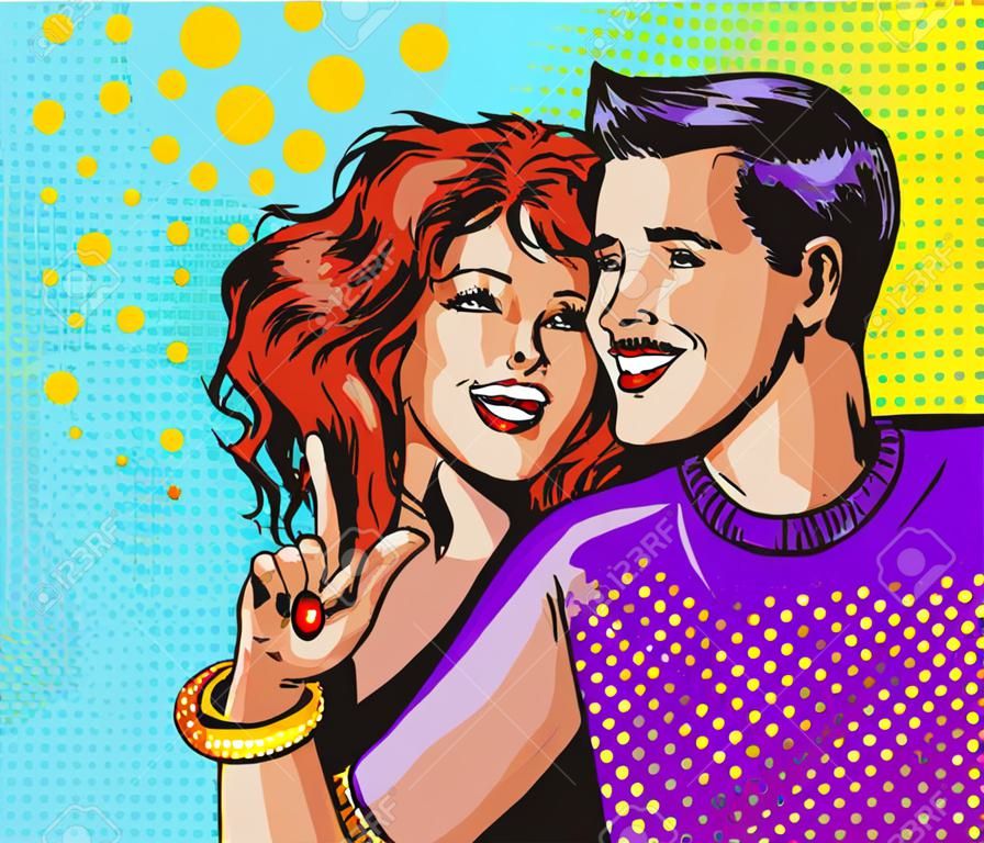Ilustración de vector de estilo cómic retro pop art. Hombre y mujer sonriendo. Mujer apuntando con el dedo. Fondo vintage punteado.