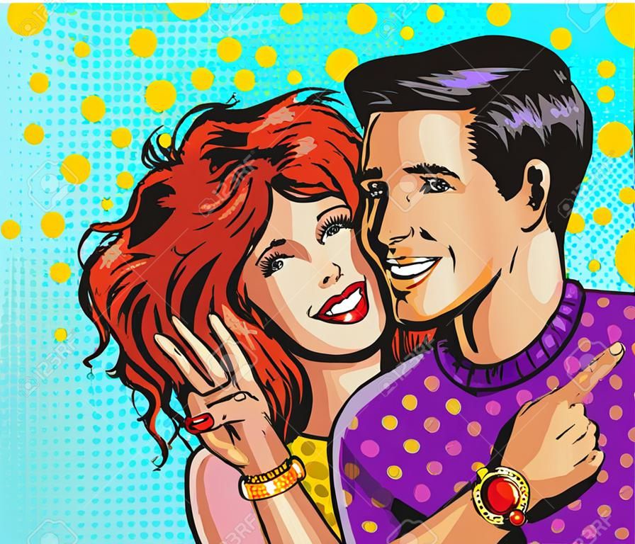Ilustración de vector de estilo cómic retro pop art. Hombre y mujer sonriendo. Mujer apuntando con el dedo. Fondo vintage punteado.