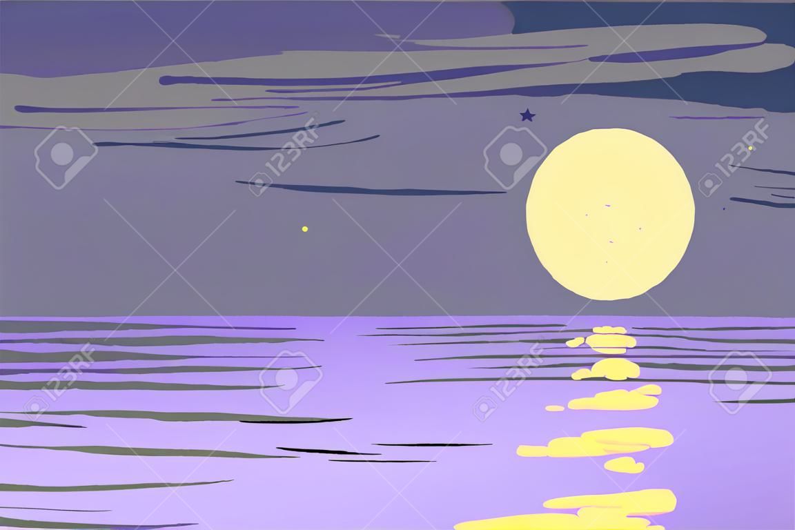 Vector night clean sky with yellow moon, stars and calm sea.