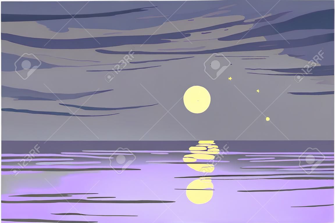 Vector night clean sky with yellow moon, stars and calm sea.