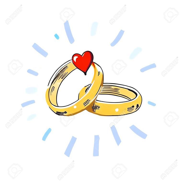 Shining pair of intertwined ladies and mens wedding rings with two hearts.