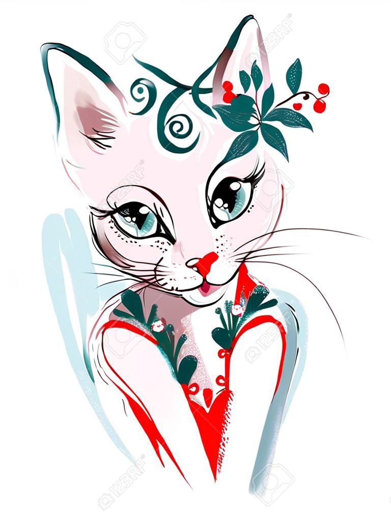 Cute shy beauty cat with make up and flowers