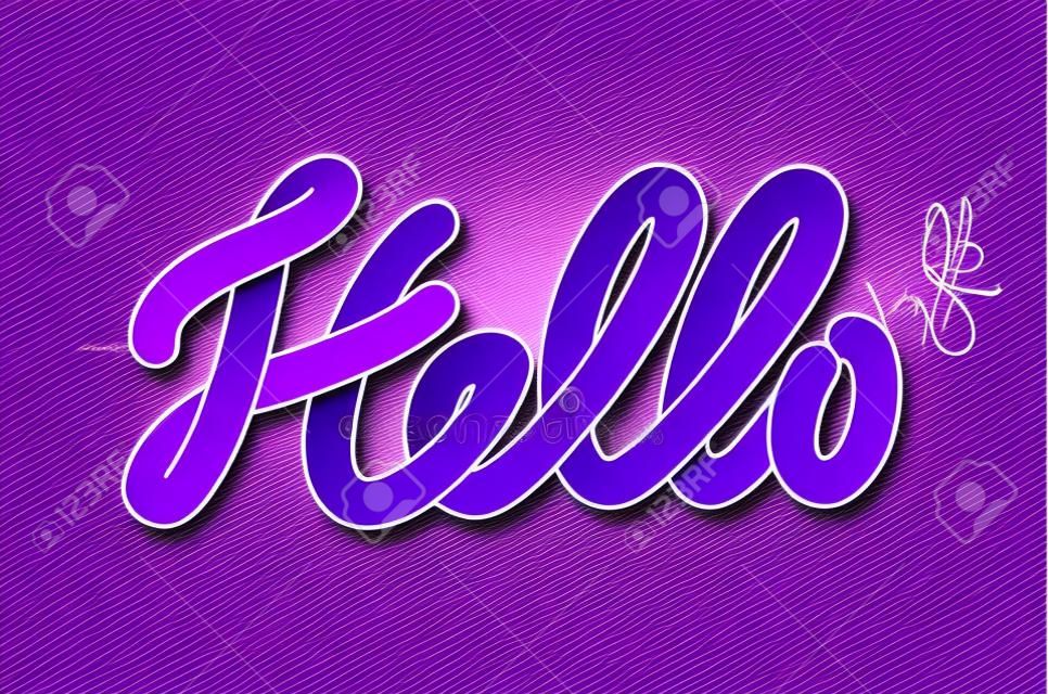 Word Hello on purple background. Color blended. Calligraphic hand written script.Vector illustration.