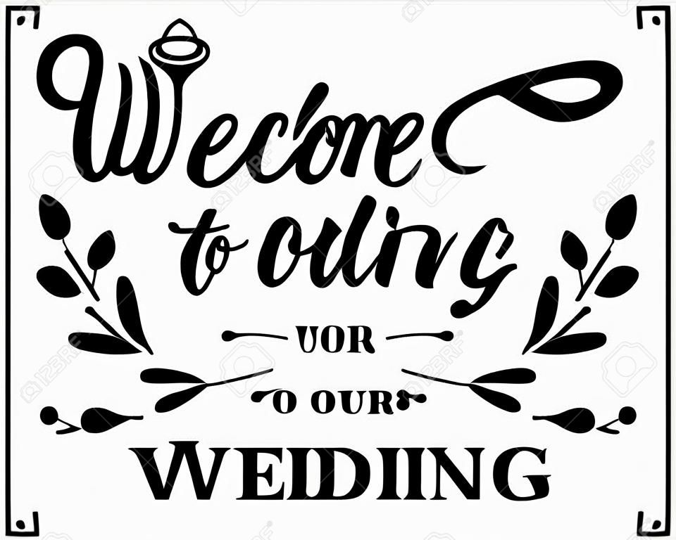Bem-vindo à nossa cotação de casamento com anéis. Estilo de lettering de script de mão. Fundo festivo