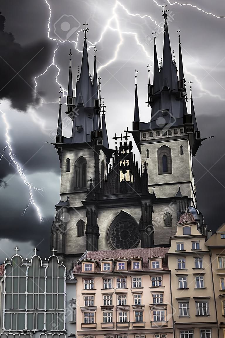 Heavy thunderstorm with lightning. Prague Old town square, Tyn Cathedral. under sunlight.
