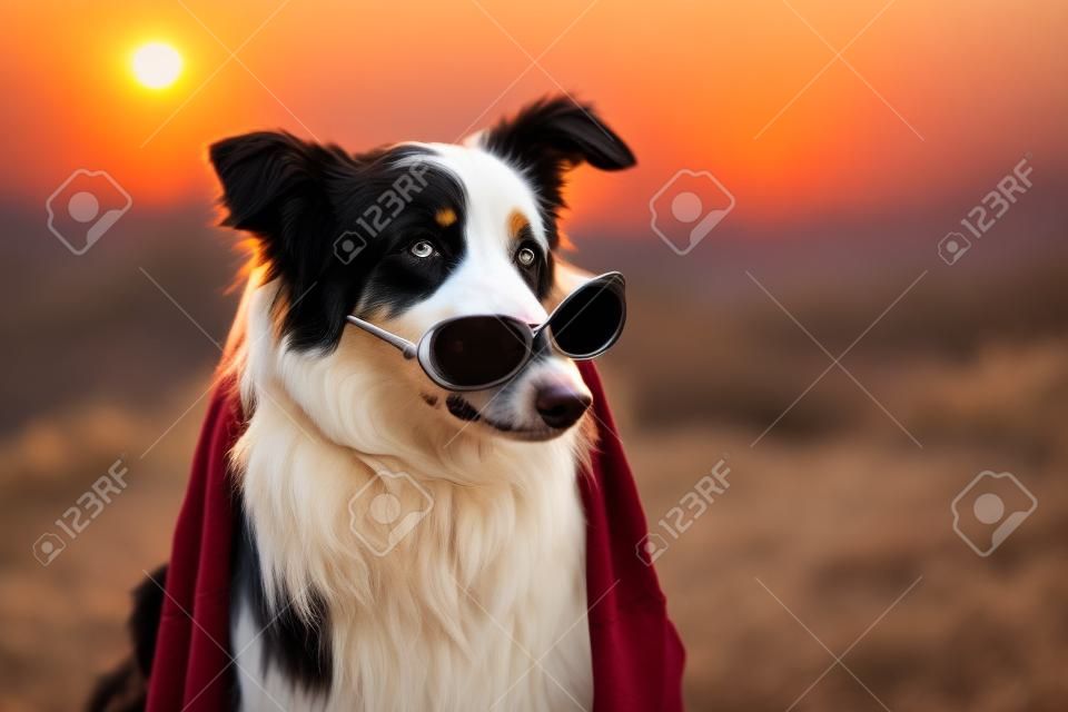 Border collie australian shepherd mix dog wearing sunglasses on tip of nose and scarf at sunset sunrise looking cool adorable doubtful fashionable stylish calm chic