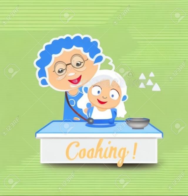 Cartoon granny teaching cooking to her granddaughter vector illustration