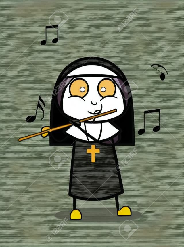 Playing Flute - Cartoon Nun Lady Vector Illustration