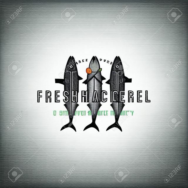 mackerel fish logo overlapping vintage label packaging vector seafood illustration
