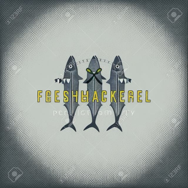 mackerel fish logo overlapping vintage label packaging vector seafood illustration
