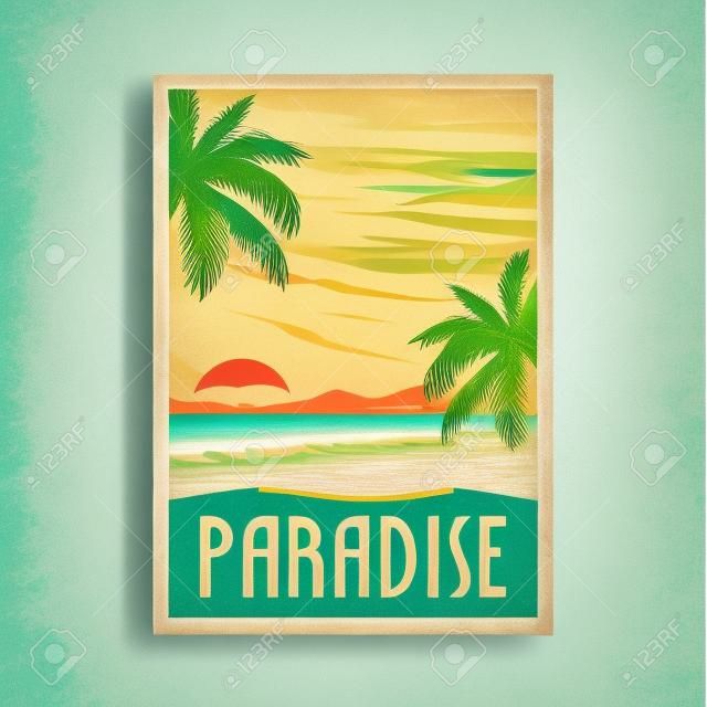 disegno dell'illustrazione del manifesto dell'annata della spiaggia del paradiso tropicale, disegno di viaggio d'annata