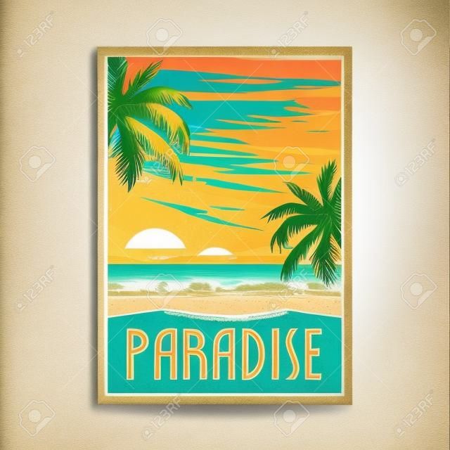 disegno dell'illustrazione del manifesto dell'annata della spiaggia del paradiso tropicale, disegno di viaggio d'annata
