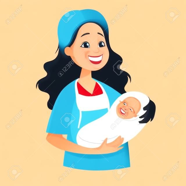 A smiling female doctor holds a newborn baby in her arms. Vector illustration in cartoon style, isolated on white background.
