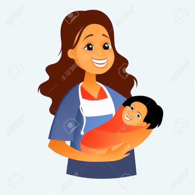 A smiling female doctor holds a newborn baby in her arms. Vector illustration in cartoon style, isolated on white background.