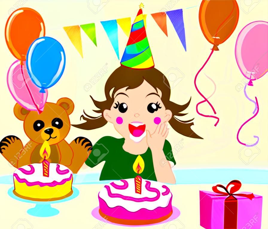 Bonne petite fille célébrant son anniversaire avec gâteau et des ballons