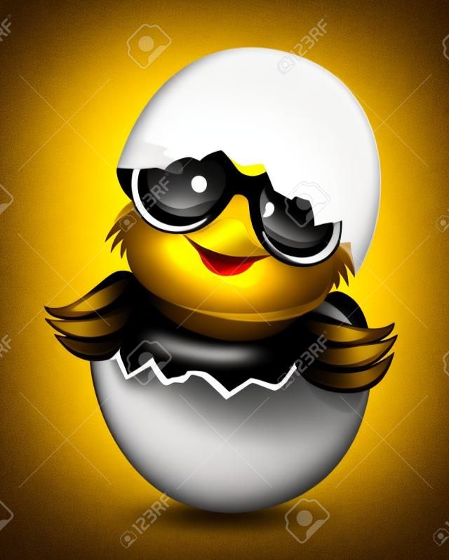 달걀 껍질에서 엿보기 검은 안경에 만화 닭. 흰색 바탕에 작은 노란색 닭.