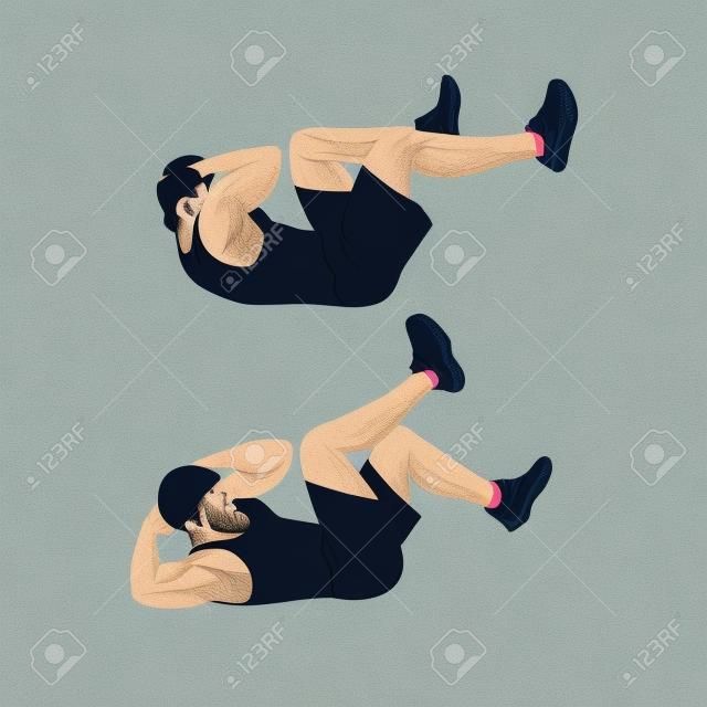 Man doing abdominal workout with Bicycle crunch. Illustration about exercise guide. Cross body crunches