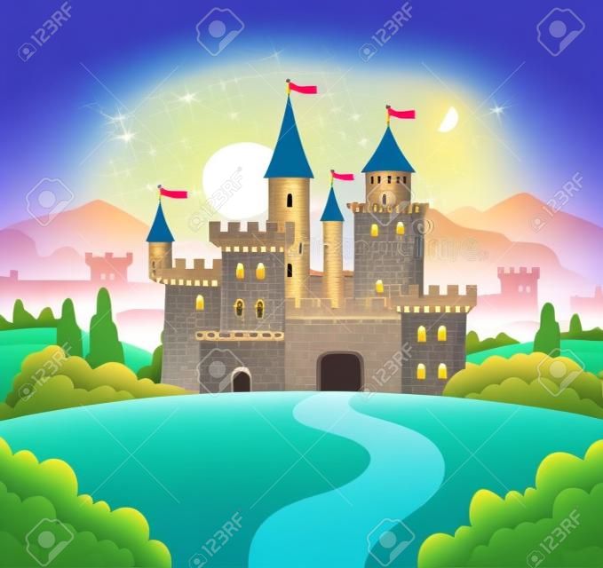 Illustrazione vettoriale per libro per bambini con castello delle fate. Fiaba medievale fortezza magica magica forte palazzo reale.