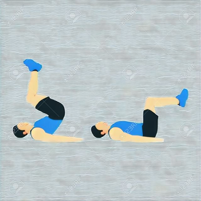 Hombre haciendo ejercicio de crujido inverso. Ilustración de vector plano aislado sobre fondo blanco. vector en capas. ejercicio para los abdominales