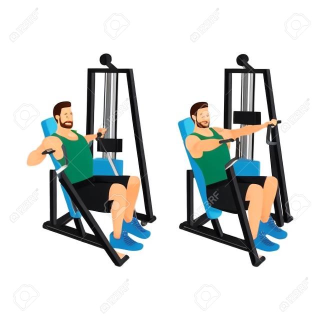 Hammer strength machine. Seated chest press exercise. Flat vector illustration isolated on white background. Workout character