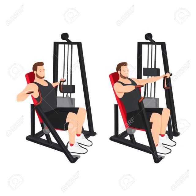 Hammer strength machine. Seated chest press exercise. Flat vector illustration isolated on white background. Workout character