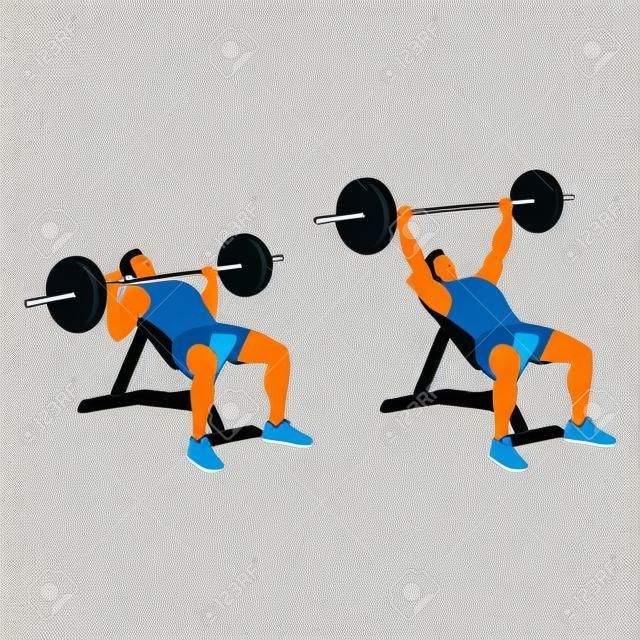 Incline barbell bench press exercise. Flat vector illustration isolated on white background. Workout character
