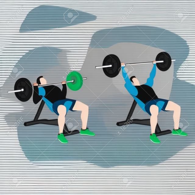 Incline barbell bench press exercise. Flat vector illustration isolated on white background. Workout character