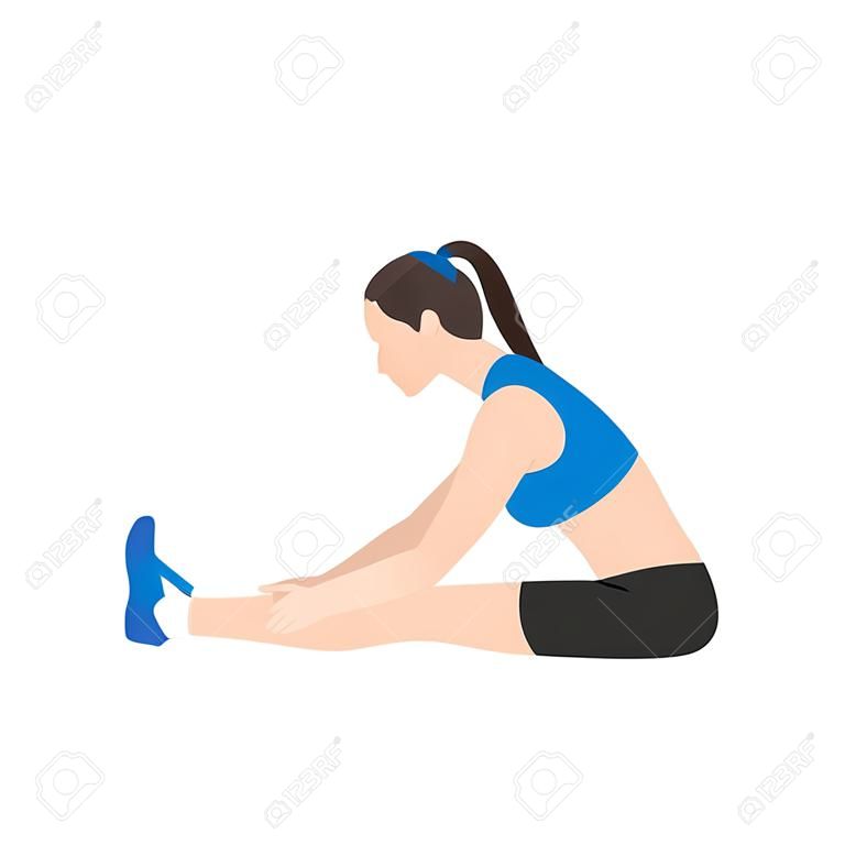 Femme faisant un exercice d'étirement de flexion avant assis. Illustration vectorielle plane isolée sur fond blanc