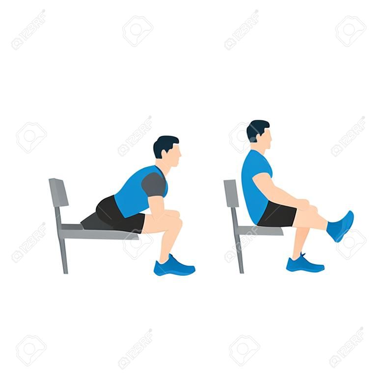 Man doing Chair. bench tricep dips exercise. Flat vector illustration isolated on white background