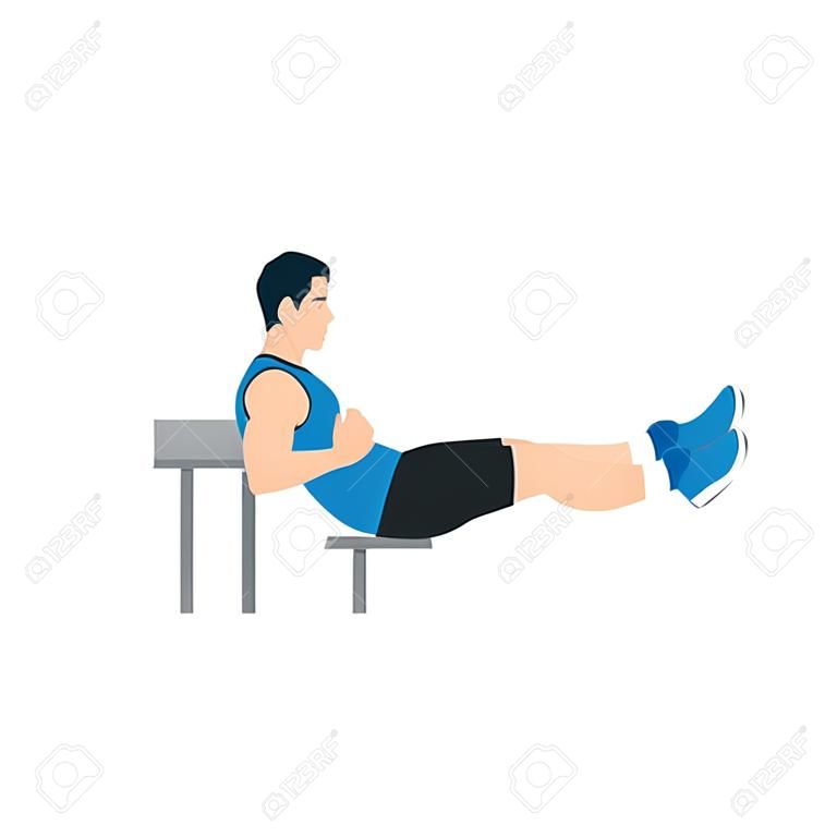 Man doing Chair. bench tricep dips exercise. Flat vector illustration isolated on white background