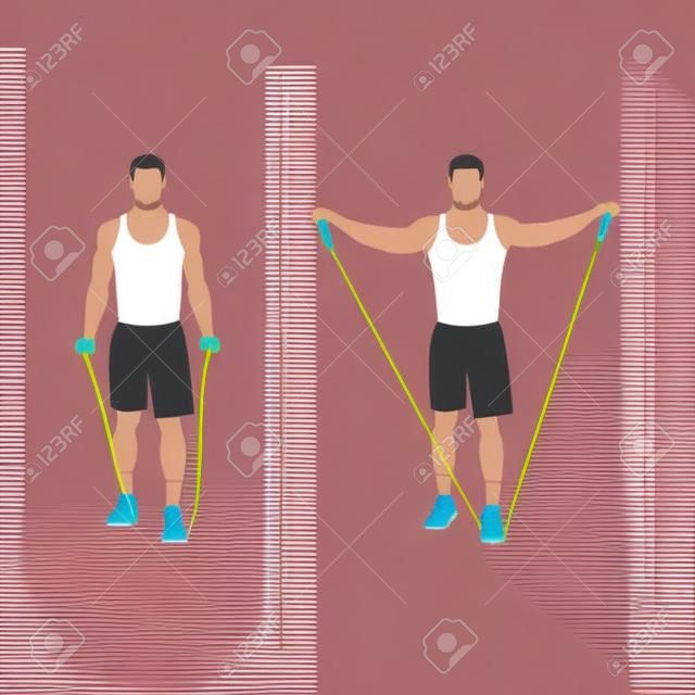 Man doing Resistance band lateral raises. Side raises exercise. Flat vector illustration isolated on white background