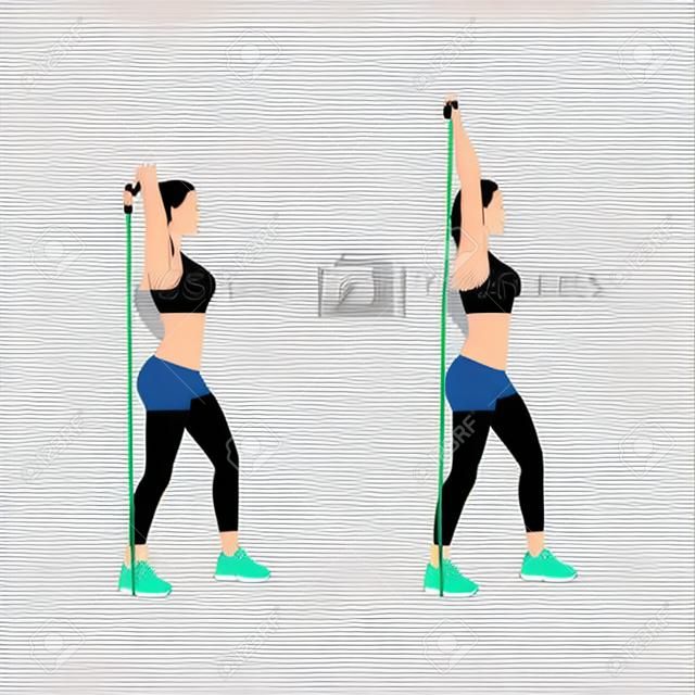 Woman Doing Elastic Band Tricep Extensions Exercise. Stock Vector