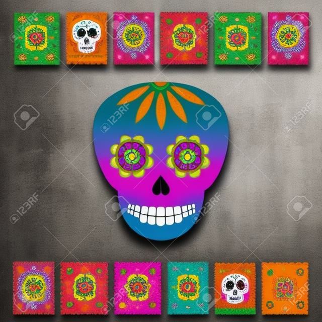 Día de los muertos, Día de los muertos, pancarta con íconos tradicionales mexicanos coloridos. Fiesta, afiche de vacaciones, volante de fiesta, tarjeta de felicitación divertida. Banner web horizontal