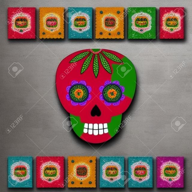 Día de los muertos, Día de los muertos, pancarta con íconos tradicionales mexicanos coloridos. Fiesta, afiche de vacaciones, volante de fiesta, tarjeta de felicitación divertida. Banner web horizontal