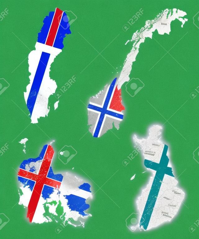 地図と 4 つの主要な北欧諸国ノルウェー、スウェーデン、フィンランド、デンマークの国旗