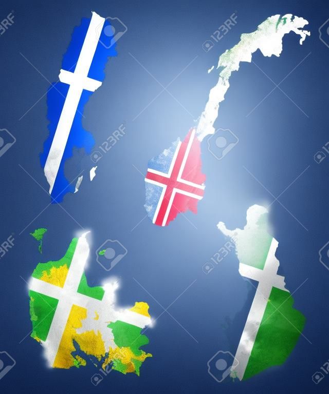 Karte und Flaggen der vier großen nordischen Länder Norwegen, Schweden, Finnland und Dänemark