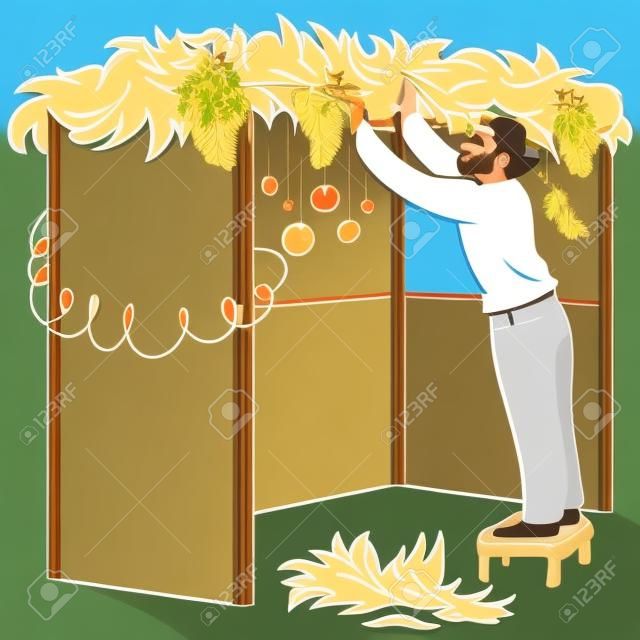 Une illustration de vecteur d'un mec juifs debout sur un tabouret et de construire une soucca pour la fête juive de Souccot.