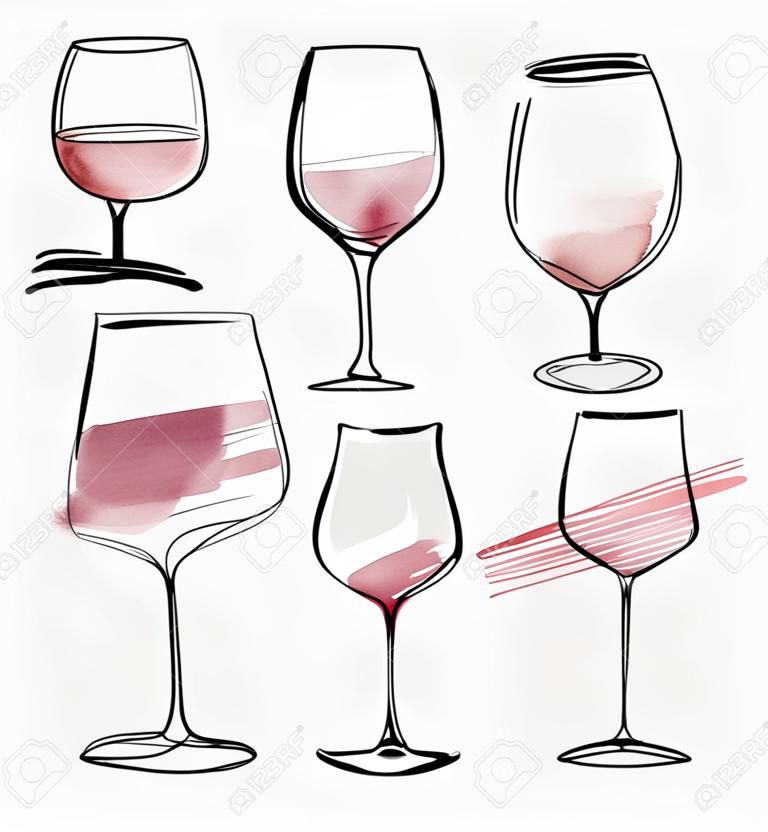 Set di vetro Vino - raccolta acquerello dei bicchieri di vino abbozzate