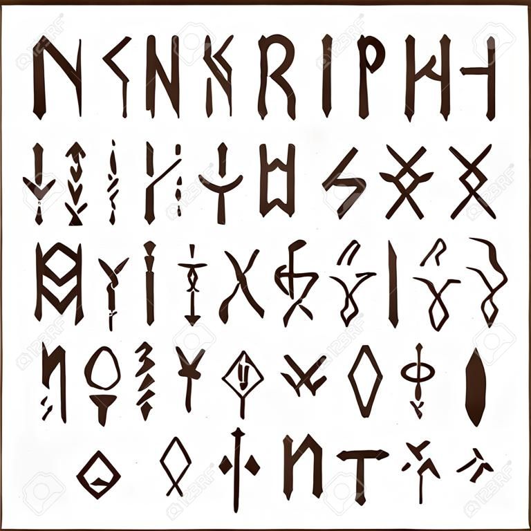 Conjunto de runas escandinavas nórdicas antiguas. Alfabeto rúnico, futhark. Antiguos símbolos ocultos, letras vikingas en blanco, fuente de runas. Ilustración de vector con textura ligera. Antigua carta nórdica aislada sobre fondo blanco