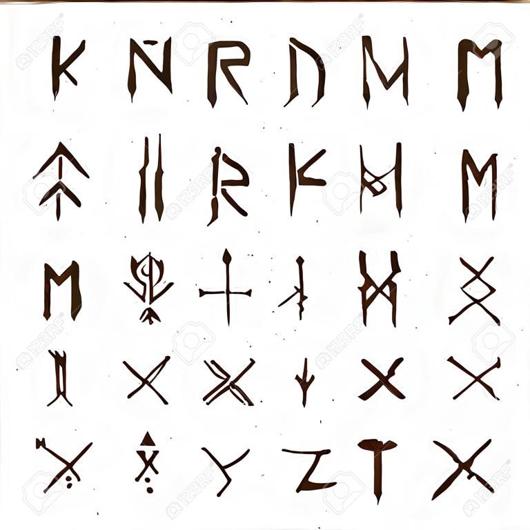 Conjunto de runas escandinavas nórdicas antiguas. Alfabeto rúnico, futhark. Antiguos símbolos ocultos, letras vikingas en blanco, fuente de runas. Ilustración de vector con textura ligera. Antigua carta nórdica aislada sobre fondo blanco
