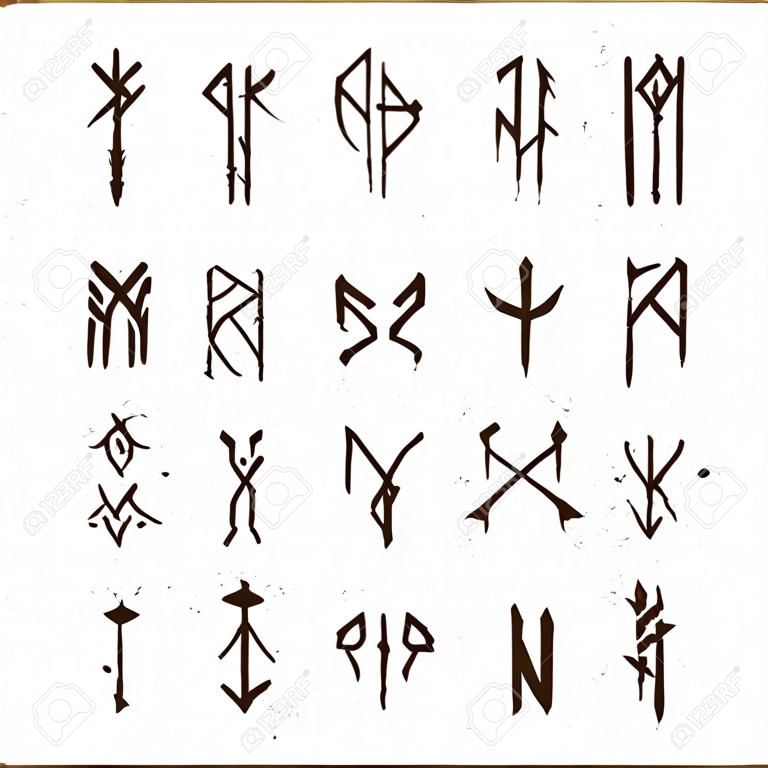 Set of Old Norse Scandinavian runes. Runic alphabet, futhark. Ancient occult symbols, vikings letters on white, rune font. Vector illustration with light texture. Ancient norse letter isolated on white background