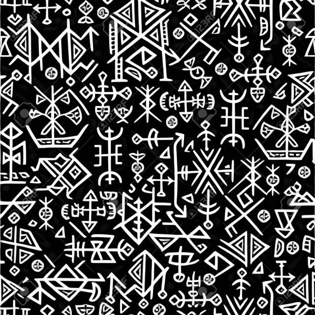 Nahtloses Muster Futhark Nordinsel- und Wikingersymbols. Magische Symbole des Handabgehobenen betrages als wiederholbarer Hintergrund der scripted Talismane. altes Island nahtlos. Ethnisches Nord- Wikinger-Musterdesign auf schwarzem Hintergrund