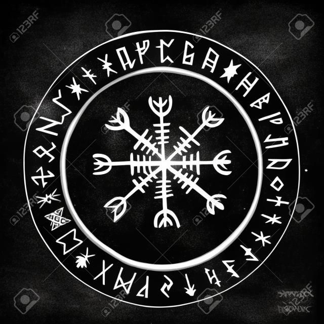 Futhark 북유럽 섬 및 바이킹 룬 세트. 매직 핸드는 스크립트 부적으로 기호를 그립니다. 아이슬란드의 고대 룬 벡터 세트입니다. 갈드라스타피르, 초기 북부 마법의 신비한 징후. 민족 노르웨이 바이킹 문신 디자인.