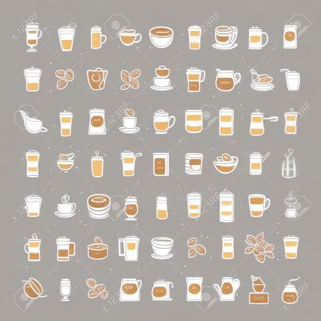 Conjunto de vetores de ícones de café no fundo branco. cone de café desenhado à mão, coleção de doodle vetorial. Café de manhã, logotipo com café, feijões, folhas, panelas de café, xícaras e outros acessórios