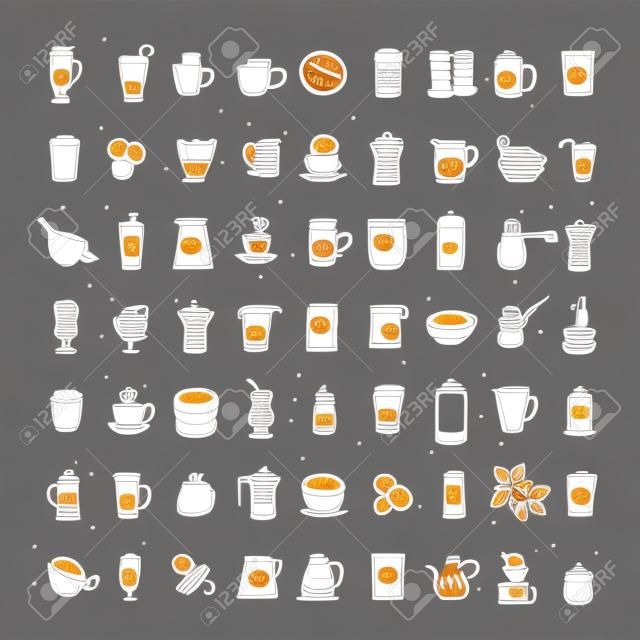 Vektorsatz Kaffeeikonen auf weißem Hintergrund. Handgezeichnete Kaffee-Symbol, Vektor-Doodle-Sammlung. Morgenkaffee, Logo mit Café, Bohnen, Blättern, Kaffeekannen, Tassen und anderem Zubehör