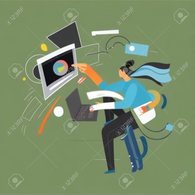 Online education, learning on a laptop vector abstract graphic concept. Girl sitting at home in front of computer, watching educational video with a cat. Online university, school course