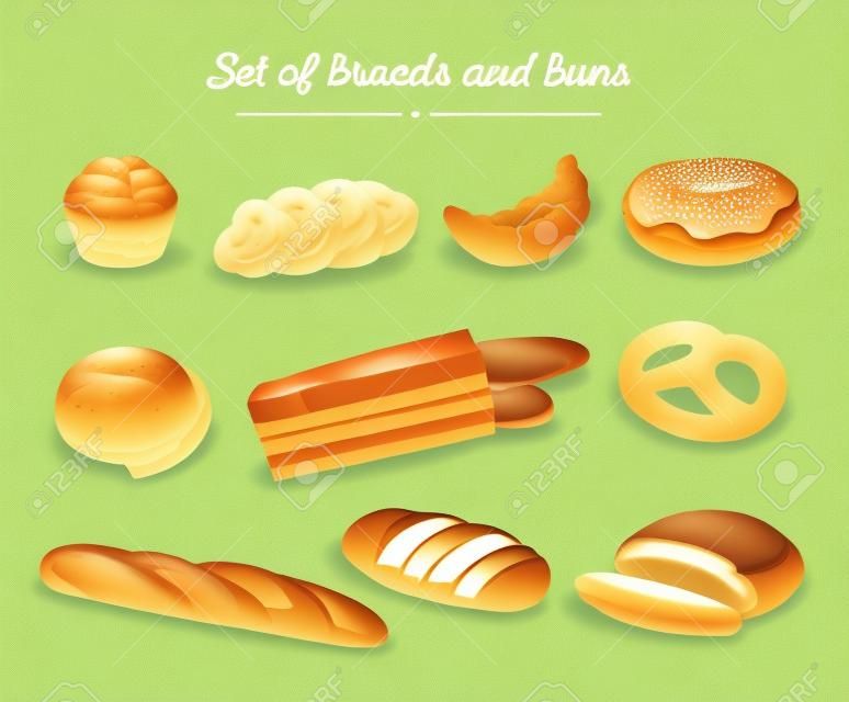 Набор хлеба и булочек иллюстрации.